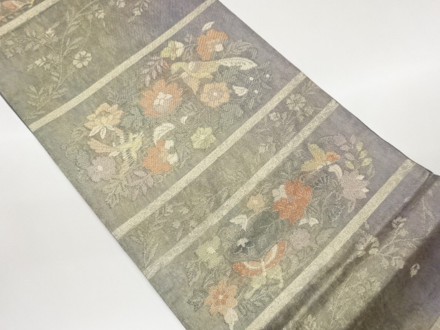 JAPANESE FUKURO OBI FOR SUMMER / KIN-TOSHI / WOVEN FLOWER ARABESQUE